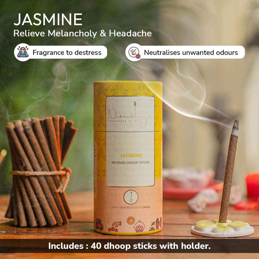 Nirmalaya 100% Natural Jasmine Dhoop Sticks for Pooja 40 Sticks | Bamboo Less Dhoop Sticks for Home/Office | Dhup for Puja with